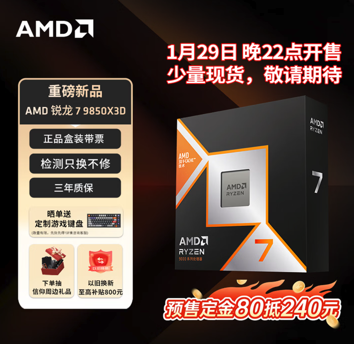 AMD锐龙7 9850X3D京东预售开启 5.6GHz高频加持 全球定价499美元